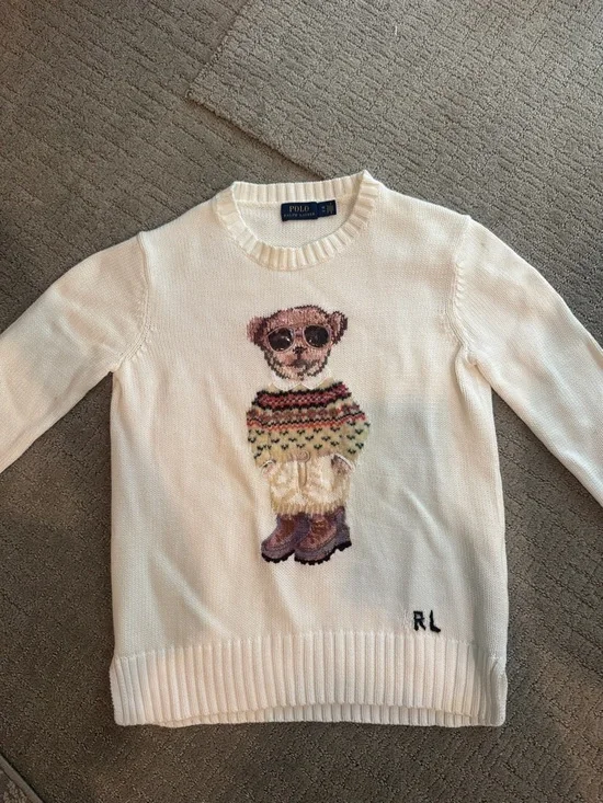 Polo by Ralph Lauren Cream Crewneck Sweater with Teddy Motif - Picture 1 of 4